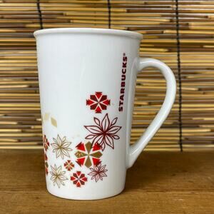 Starbucks 12oz Red Gold Snowflake Poinsettia Tall Mug